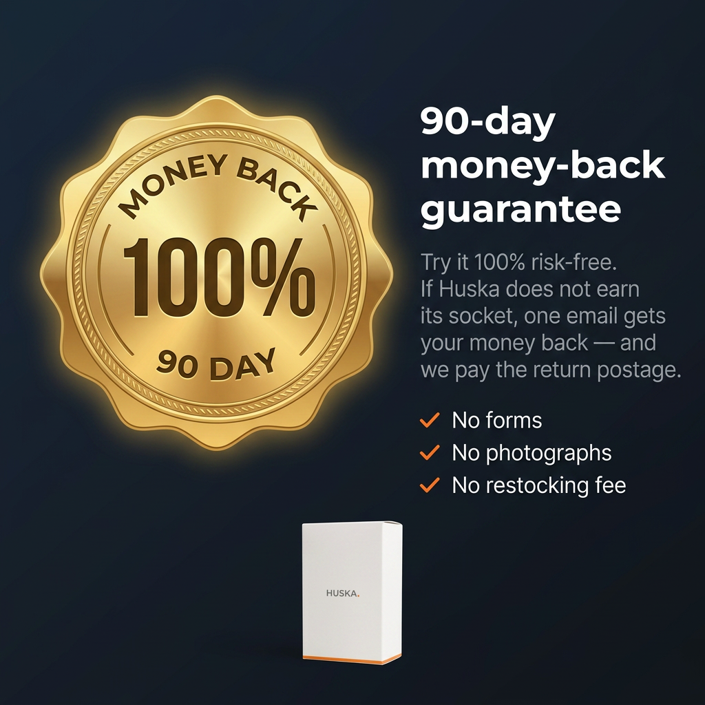 90-day money-back guarantee — no forms, no photographs, no restocking fee